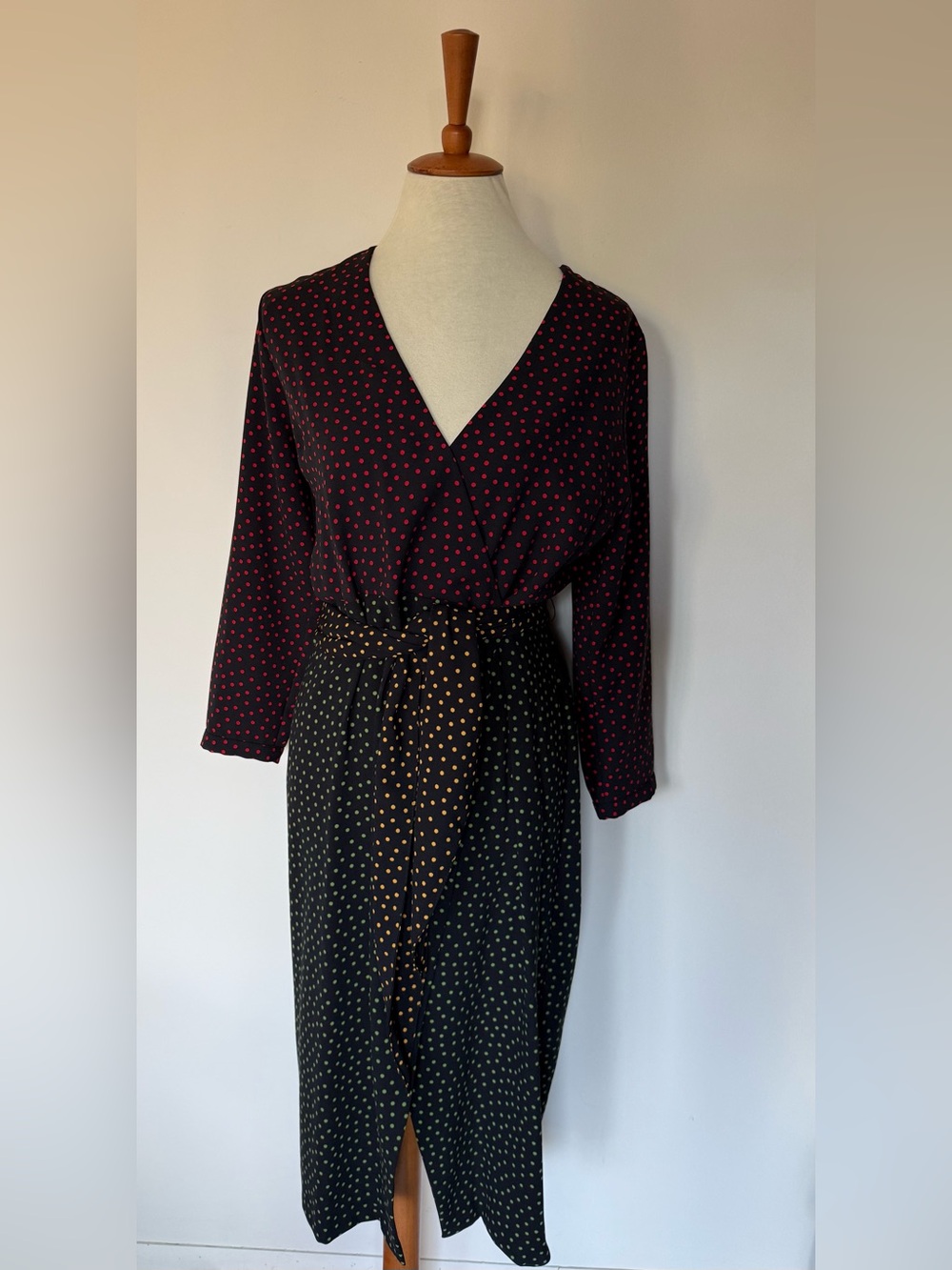 Zara Black Wrap Dress with Red Polka-Dot Bodice and Gold Dot Skirt